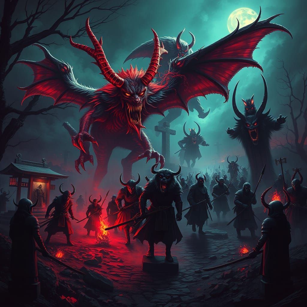 Evil Fae & Yokai Night Parade in Gothic Horror Style