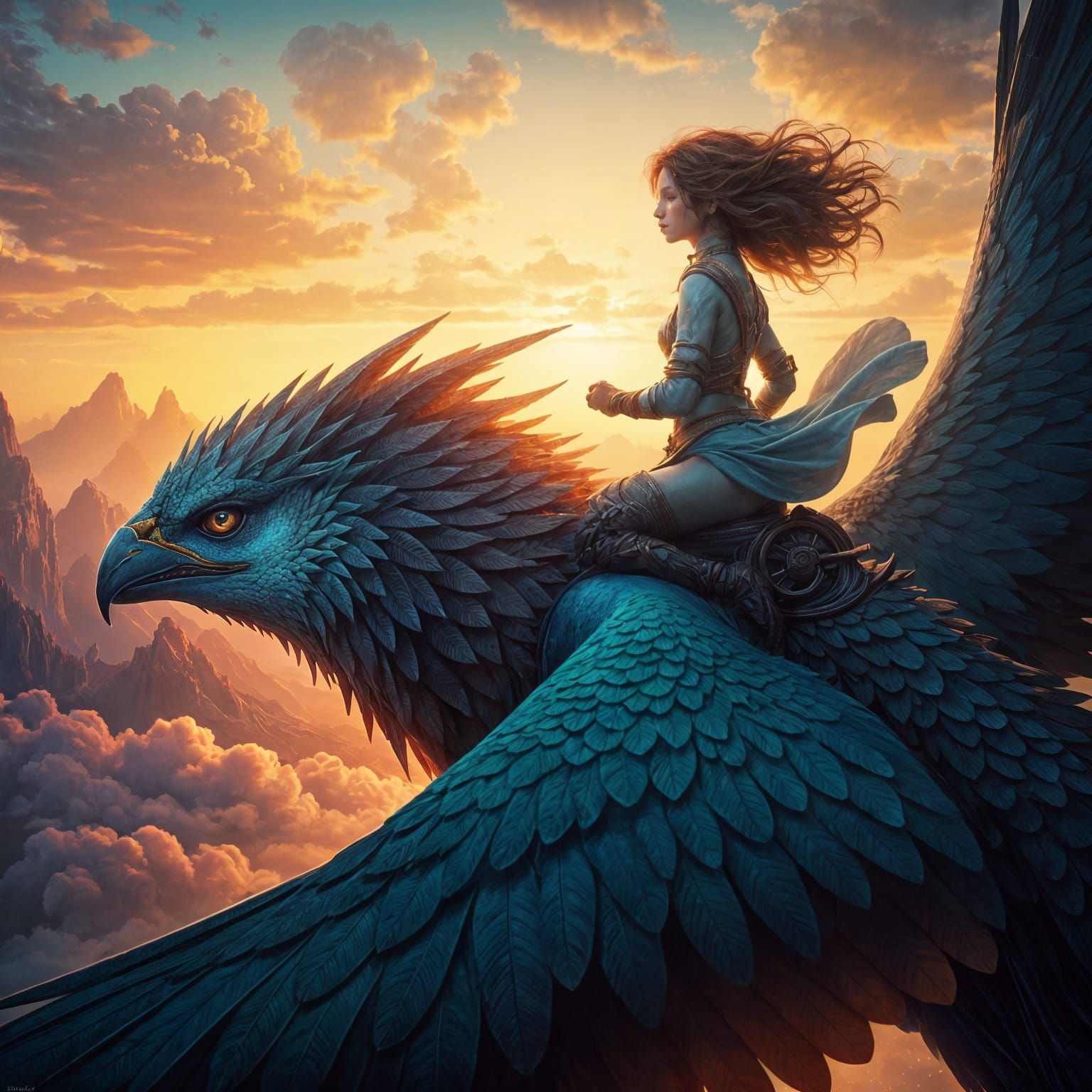 Elegant Lady Rides a Winged Horse in a Stormy Desert