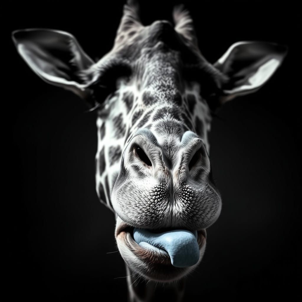 Monochrome Giraffe Close-Up in Fisheye Perspective