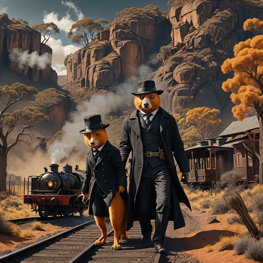 Detective Cuscus on Outback Train, Detailed Matte Painting