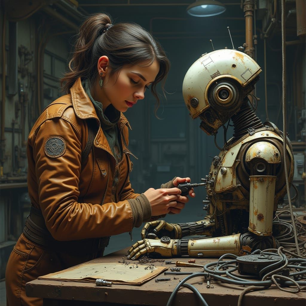 Cyberpunk Engineer Tinkers with Futuristic Droid in Industri...