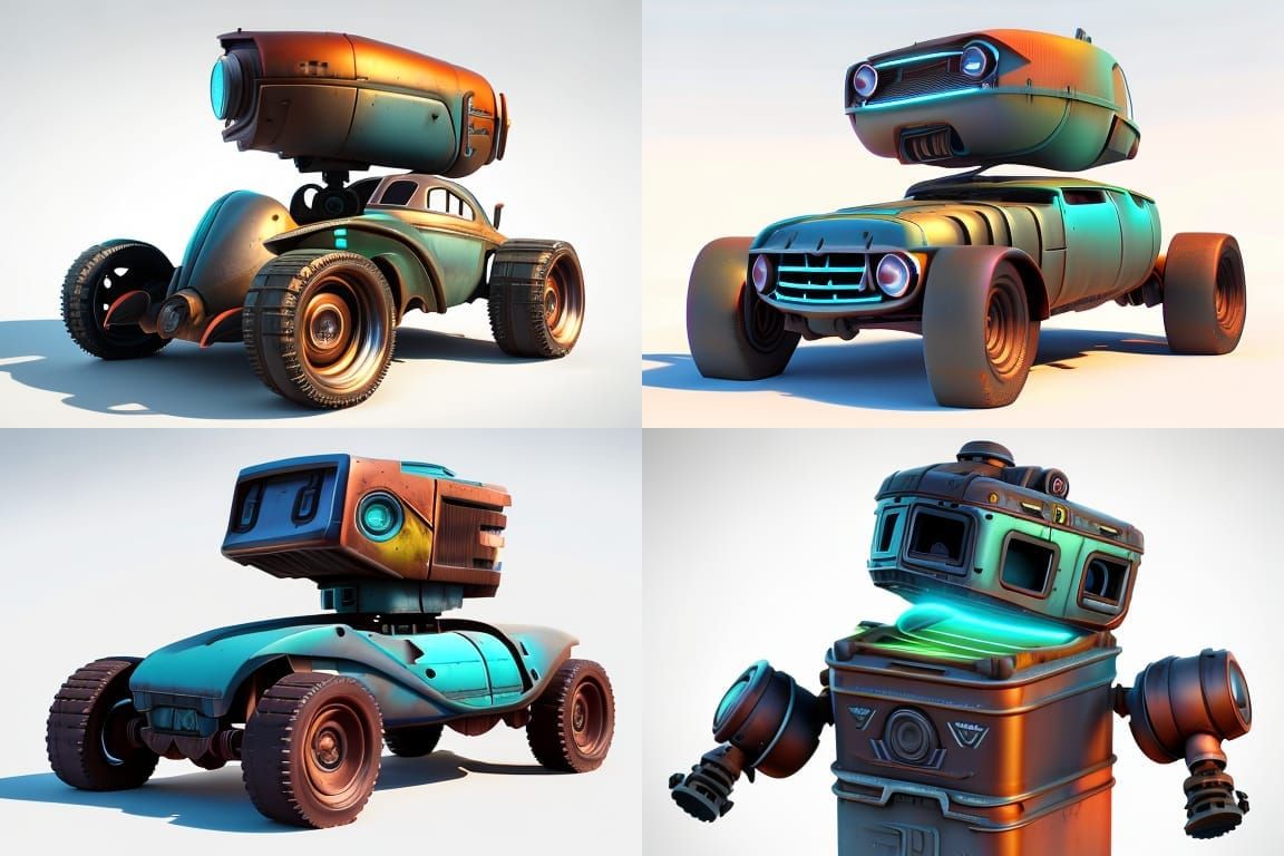 Robot Head Car in Junkyard: 3D Digital Art