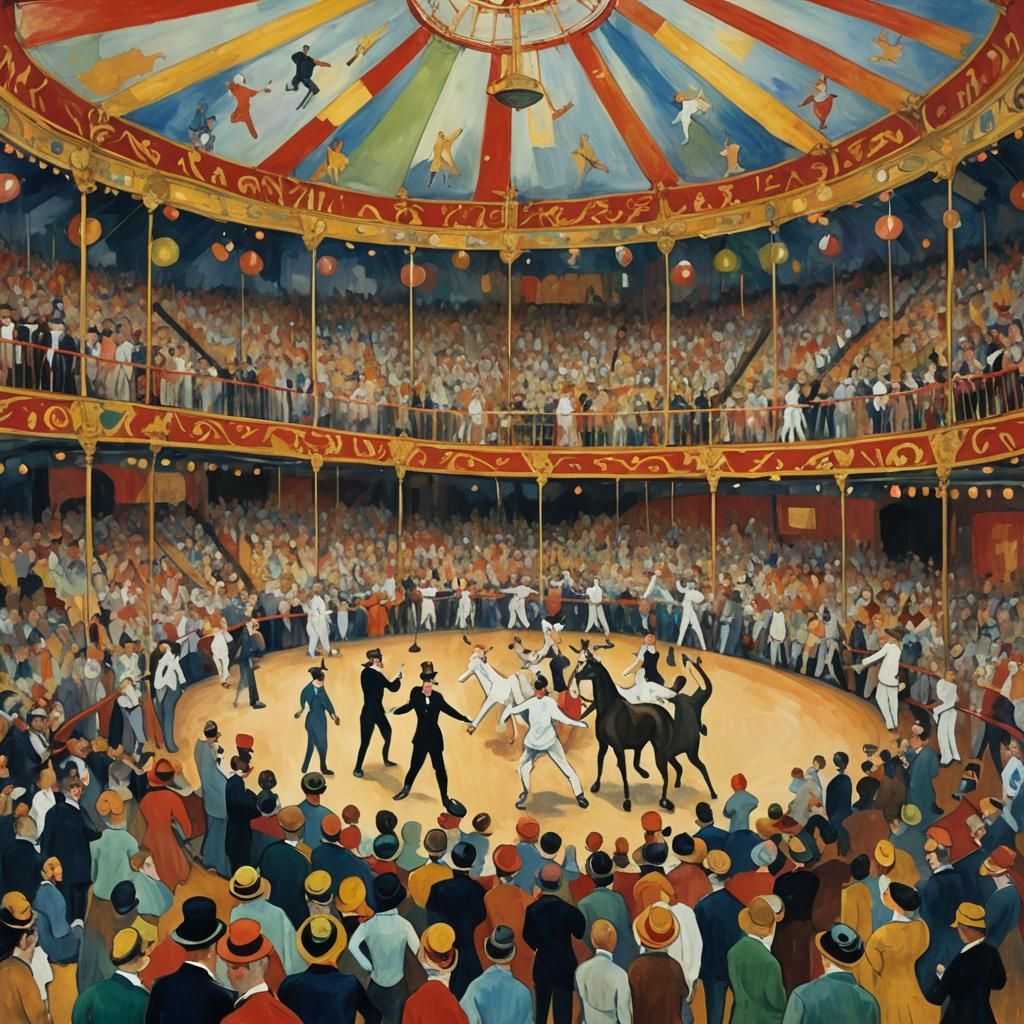 Crowded Circus Scene in Expressive Gouache Style
