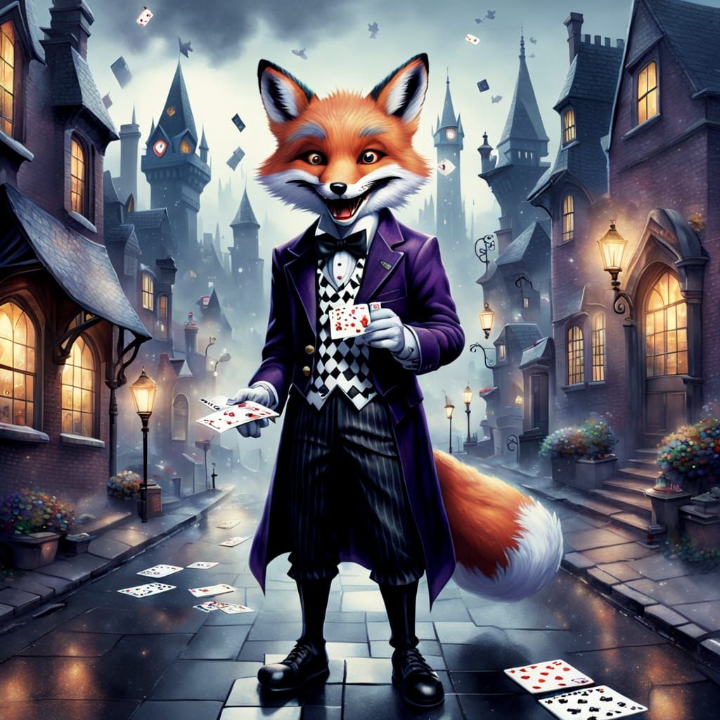 Joker Fox Plays Dominoes in Card House Town