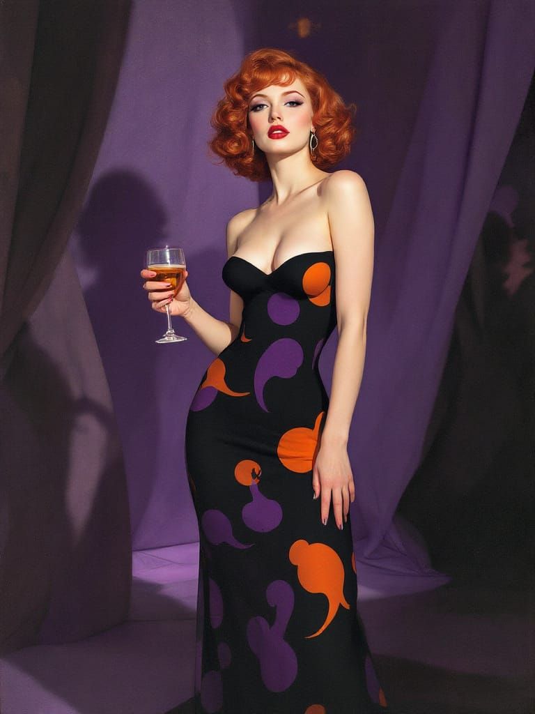 Pin-Up Woman in Halloween Dress at Party