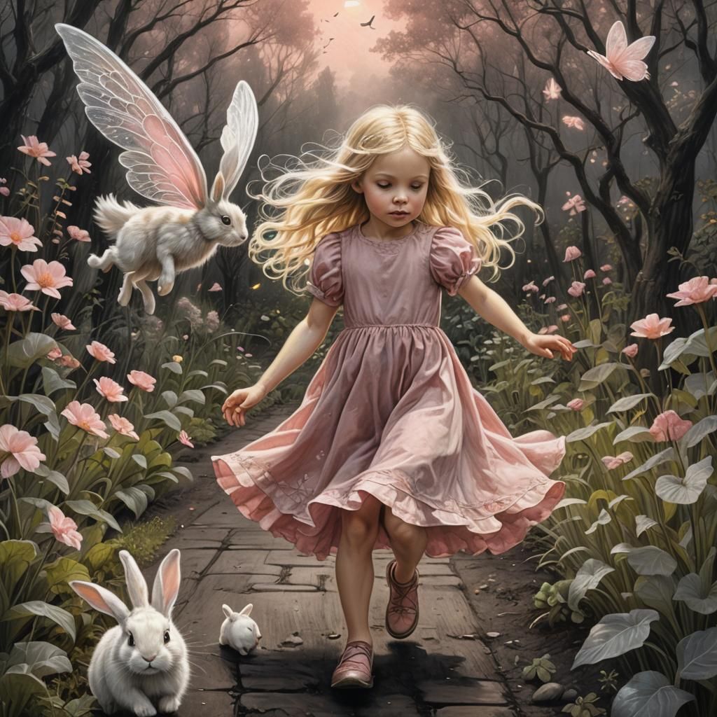 Fairy Girl Chasing Rabbit: Hyperdetailed Charcoal Drawing