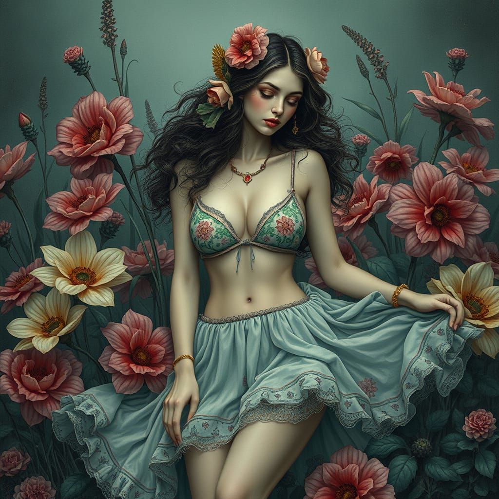 Caterpillar Woman in Floral Bikini, Whimsical Dark Art