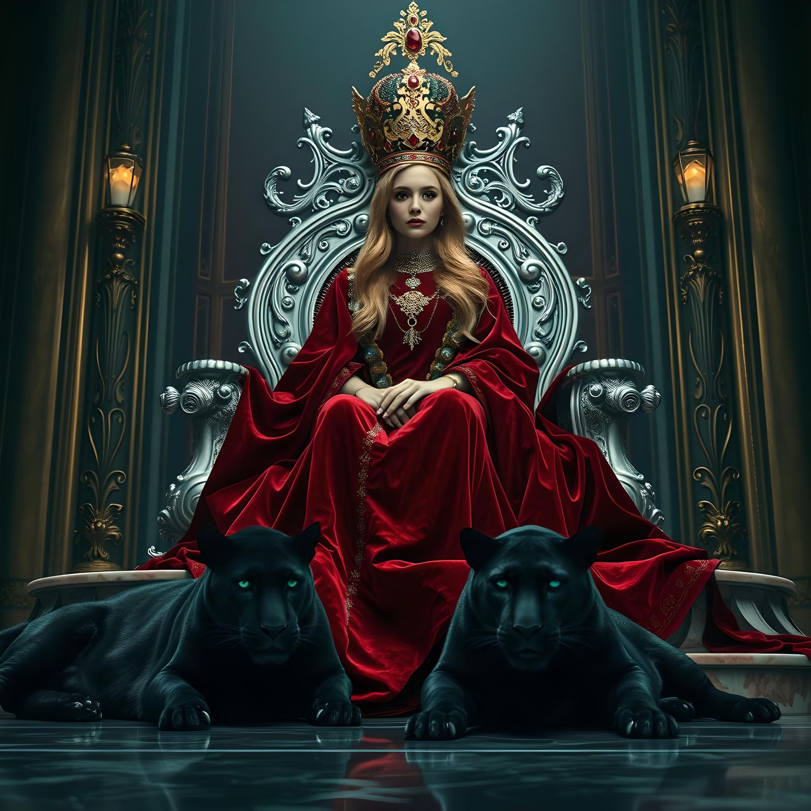 Blonde Queen on Silver Throne with Panthers