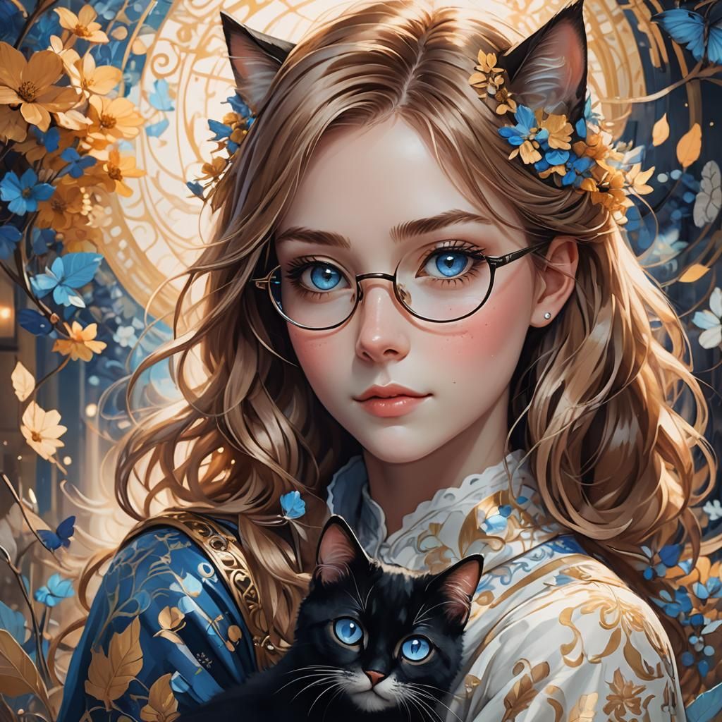 Anime Woman with Cat: Fantasy Portrait in Miyazaki Style