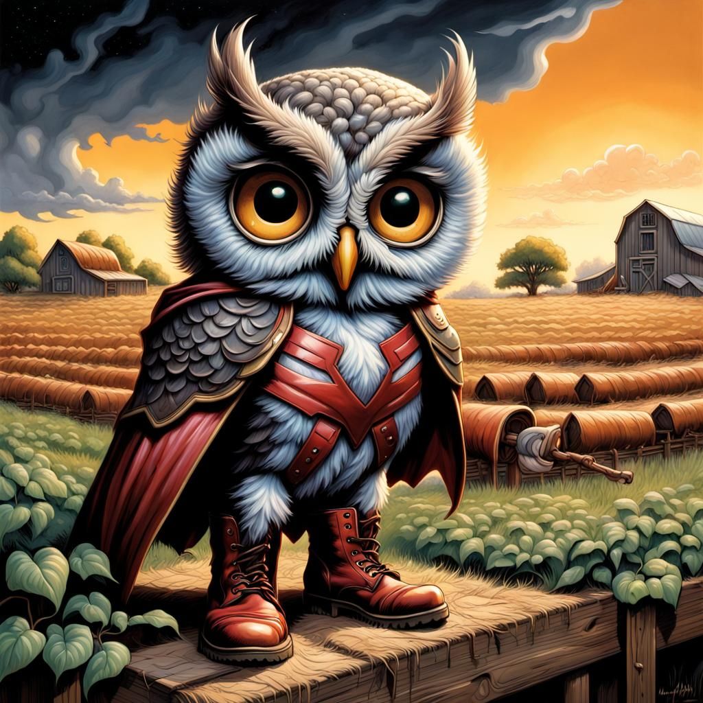 Owl Superhero Guards Farm as Comic Book Art