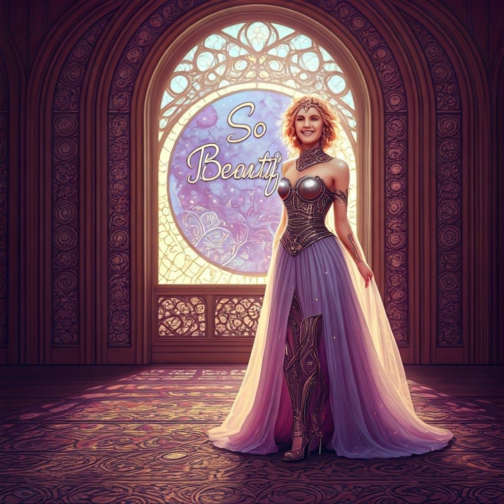 Solarpunk Princess Amidst Opulent Tapestry and Stained Glass