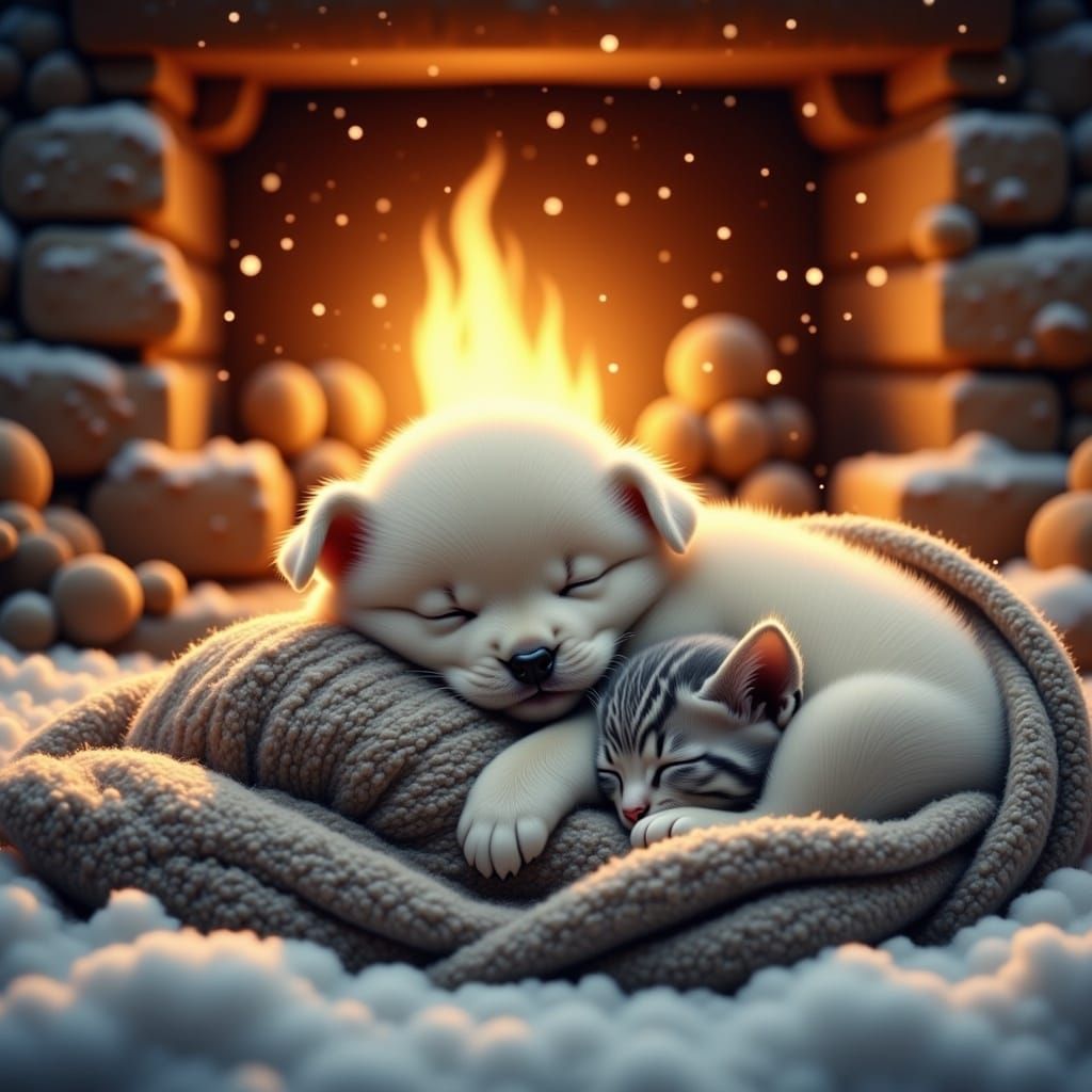 Cozy Winter Scene with Dog and Cat Asleep by the Hearth