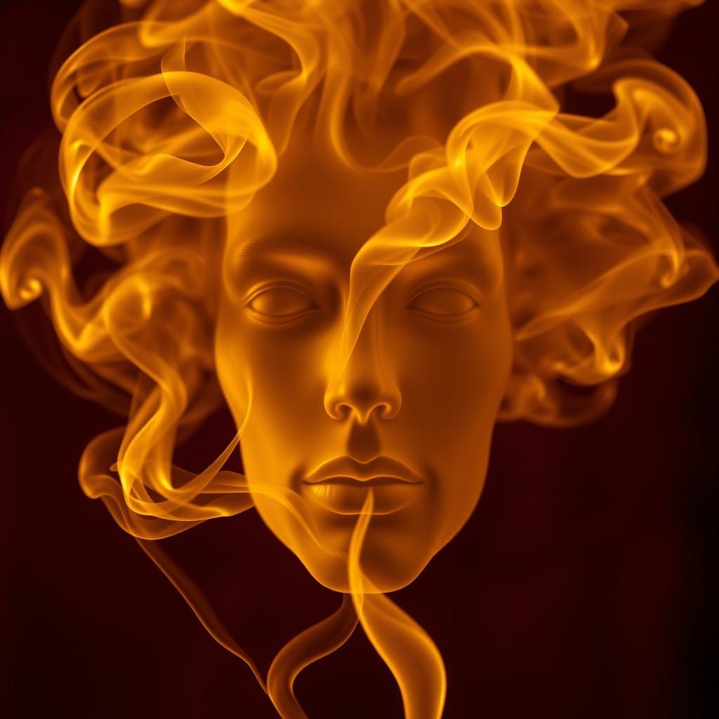 Cinematic, Macro close-up of [golden] smoke forming a [regal] face.
