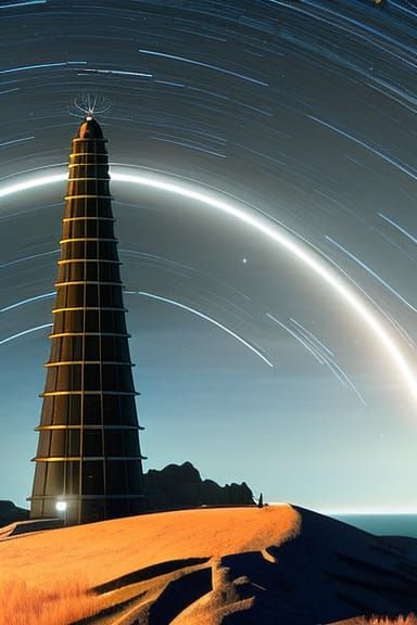 Solarpunk Lighthouse with Star Trails in Midnight Sky
