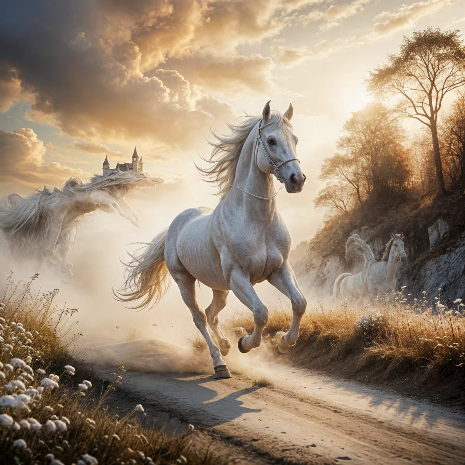 Whimsical White Castle in a Dreamy Fairy-Tale Landscape