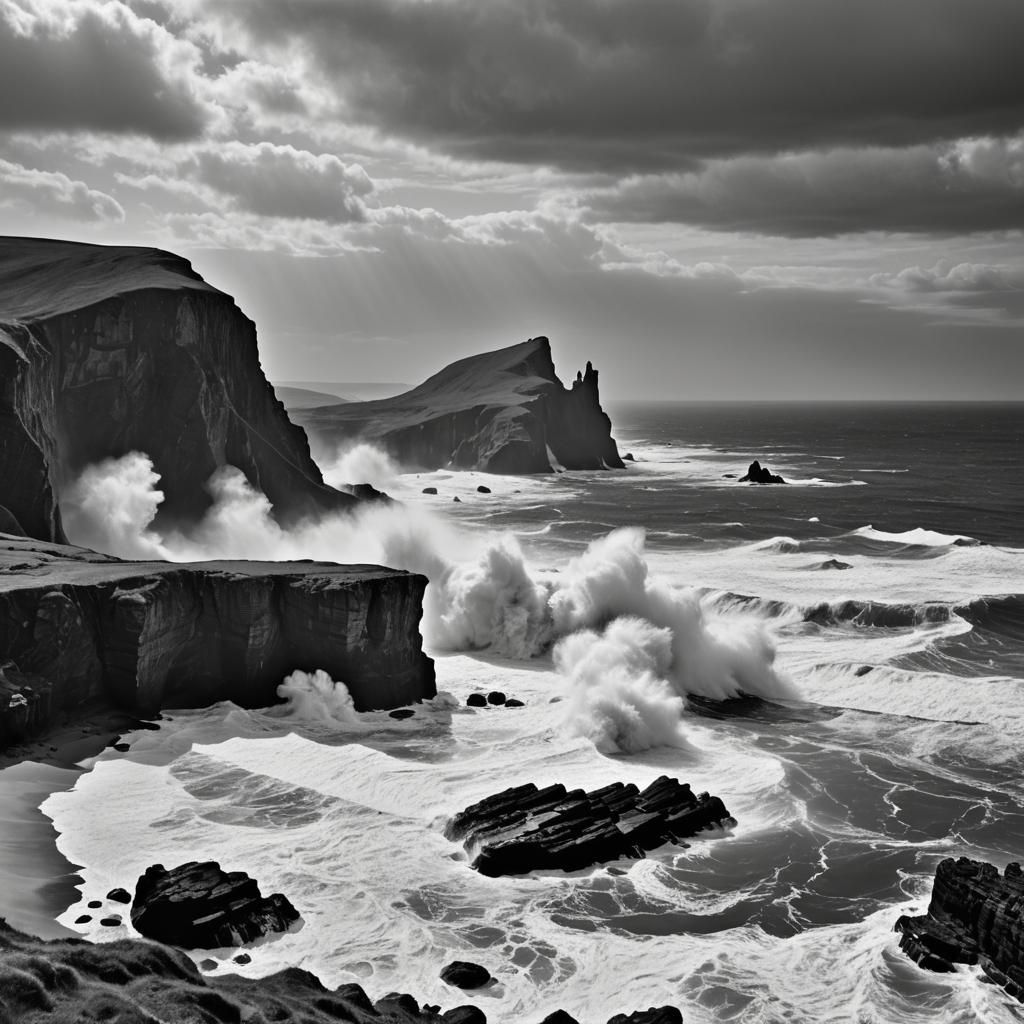 Dramatic Black and White Coastal Scene with Cliffs