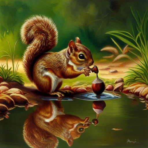 Baby Squirrel and Reflection: Rockwell-Inspired Art