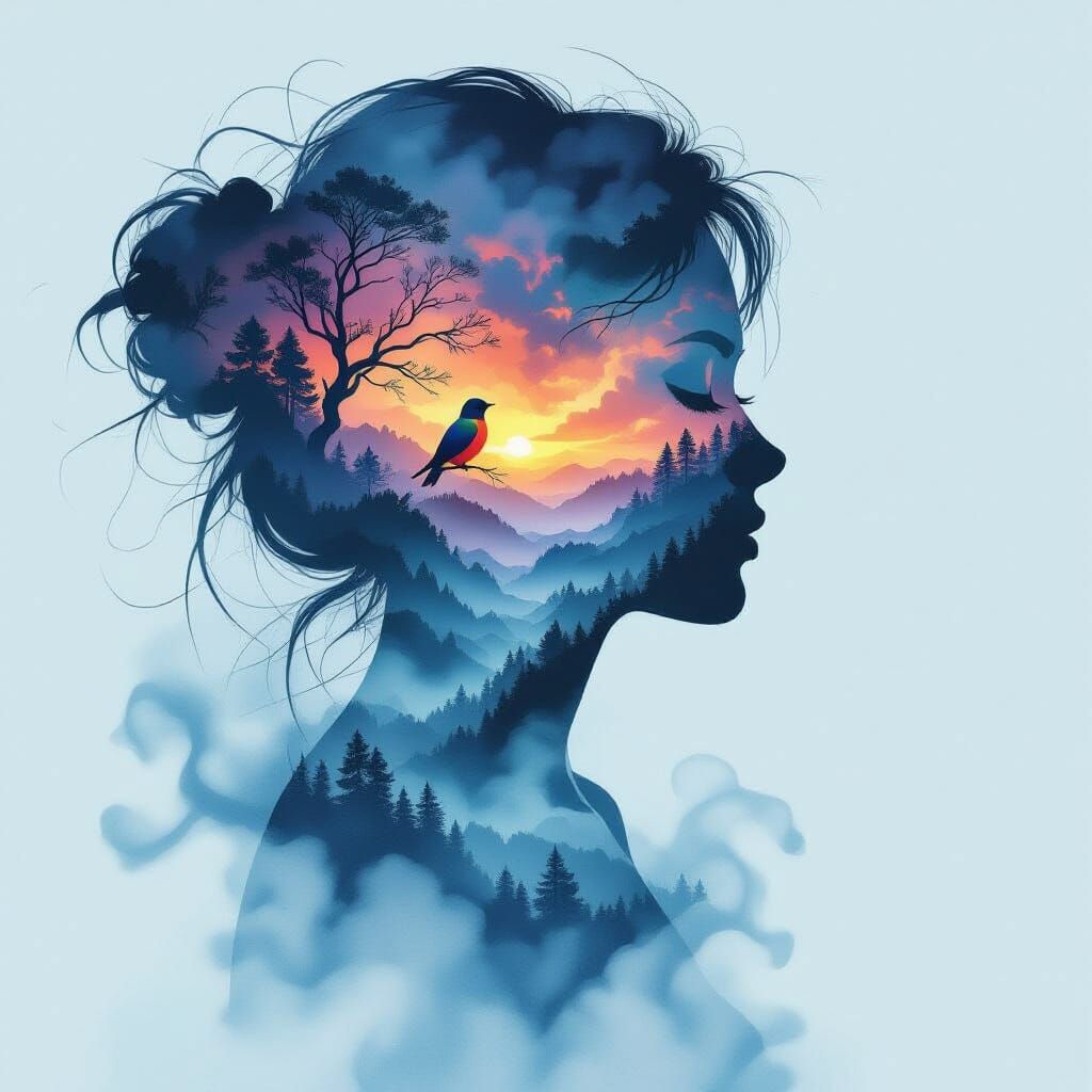 Female Silhouette with Dreamy Landscape and Singing Bird