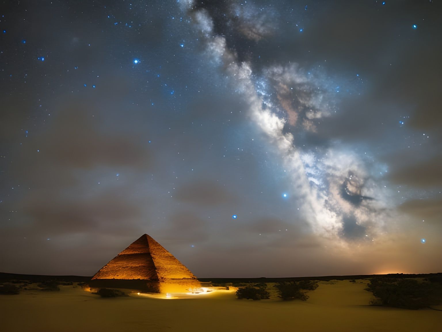 Egyptian Pyramids at Night Under Starry Sky
