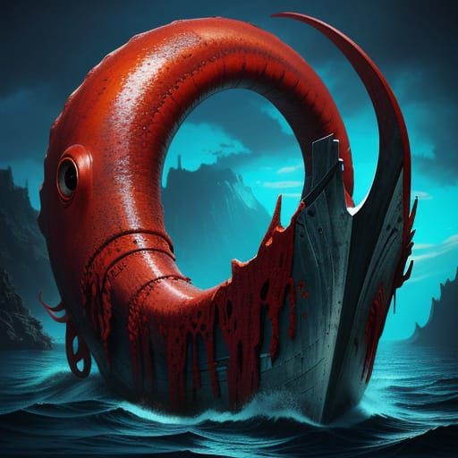 Giant Red Squid Attacks Ship in Fantasy Art