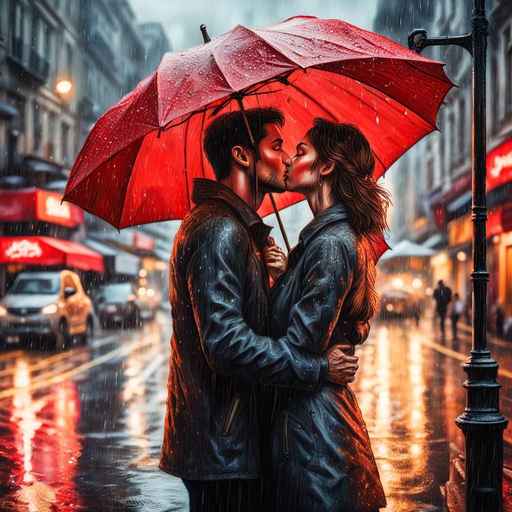 Lovers' Kiss in Rainy Street, Hyperrealistic Splash Art