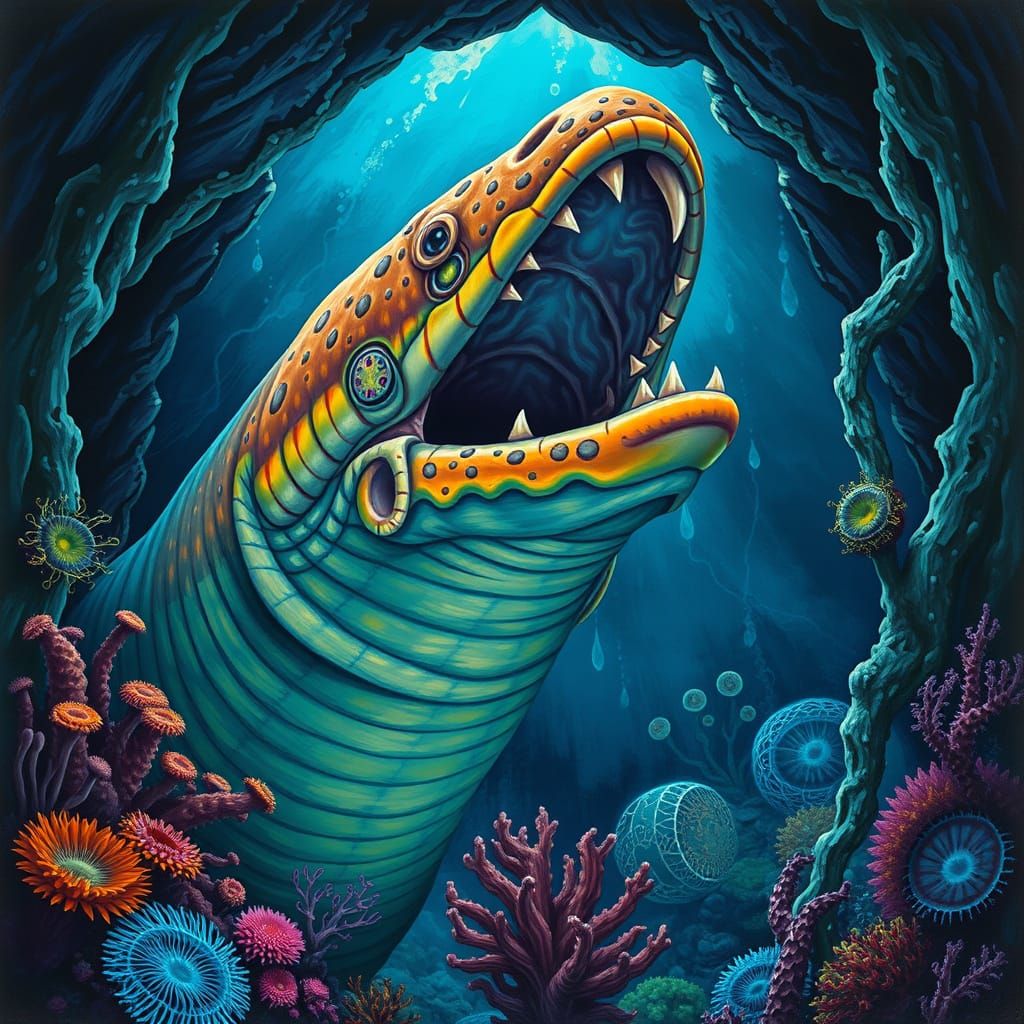 Vibrant Ocean Cave Scene: Moray Eel in Dreamlike Gouache