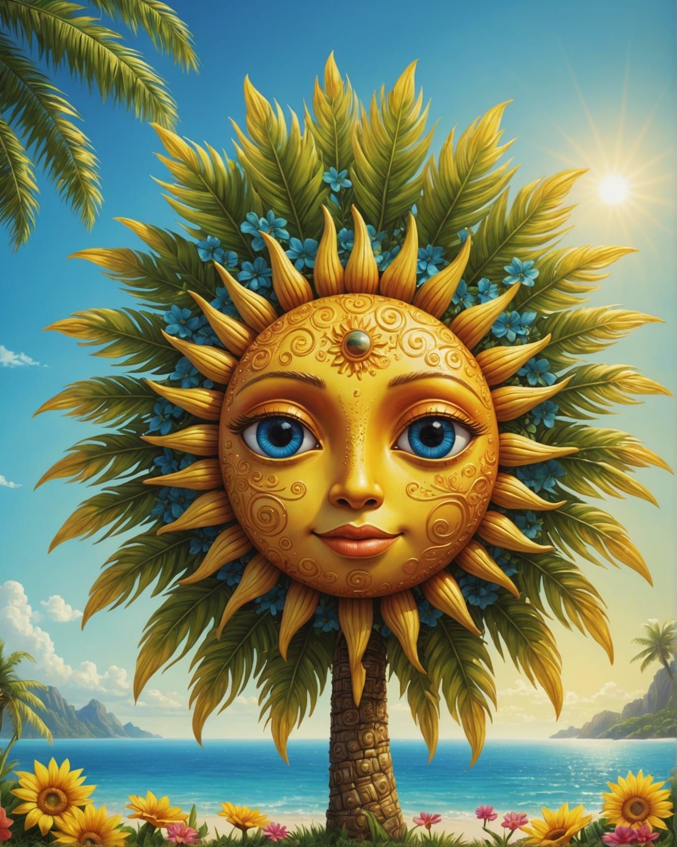 Cute Sun with Palm Tree Face in Garden