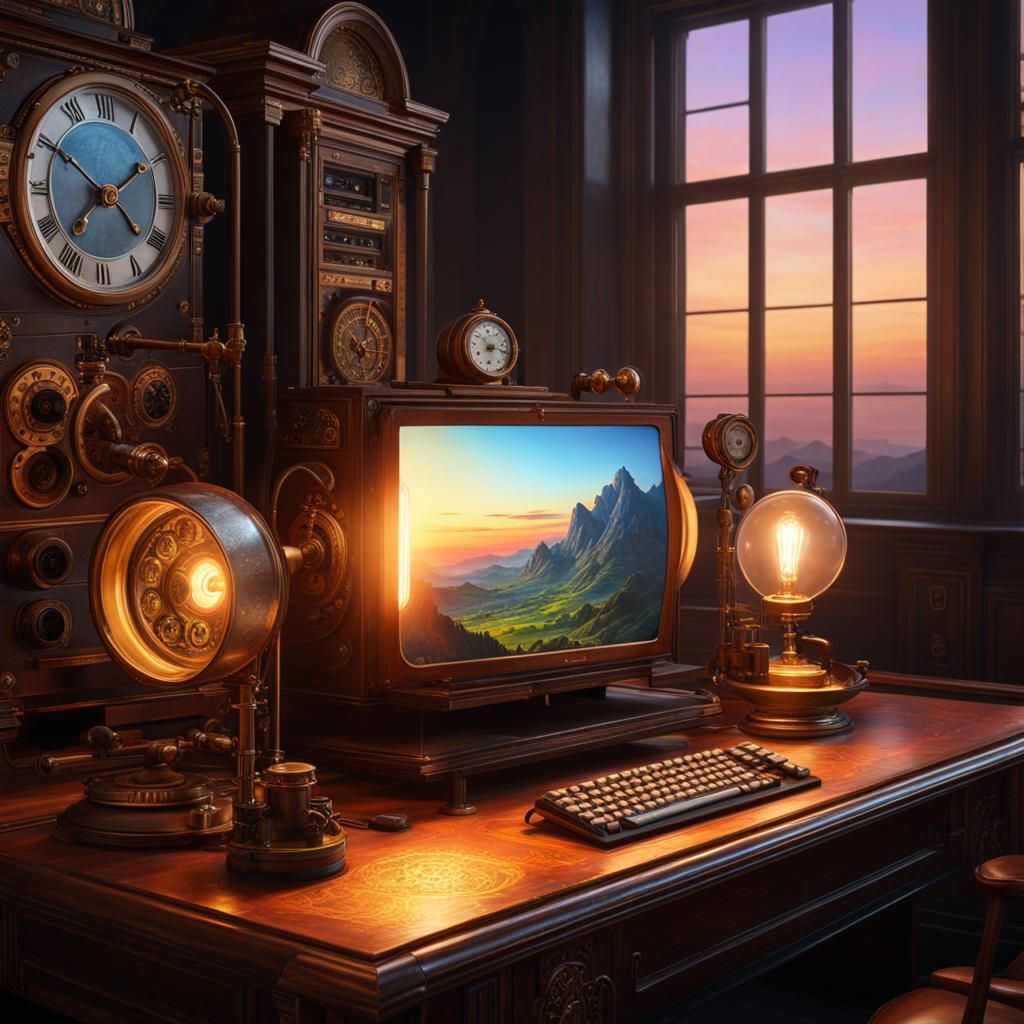 Steampunk Computer at Dawn: Detailed Concept Art