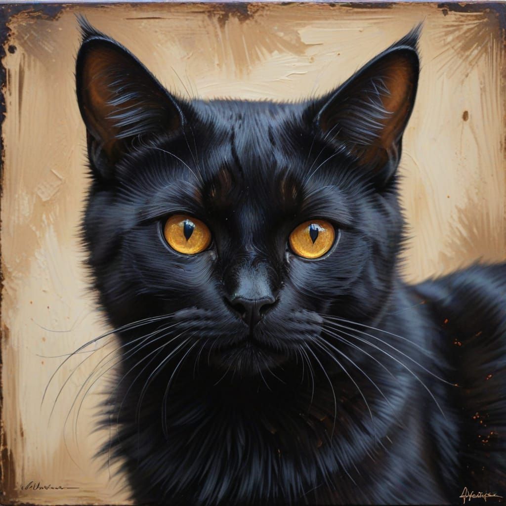 Whiskered Oil Painting of a Regal Black Cat