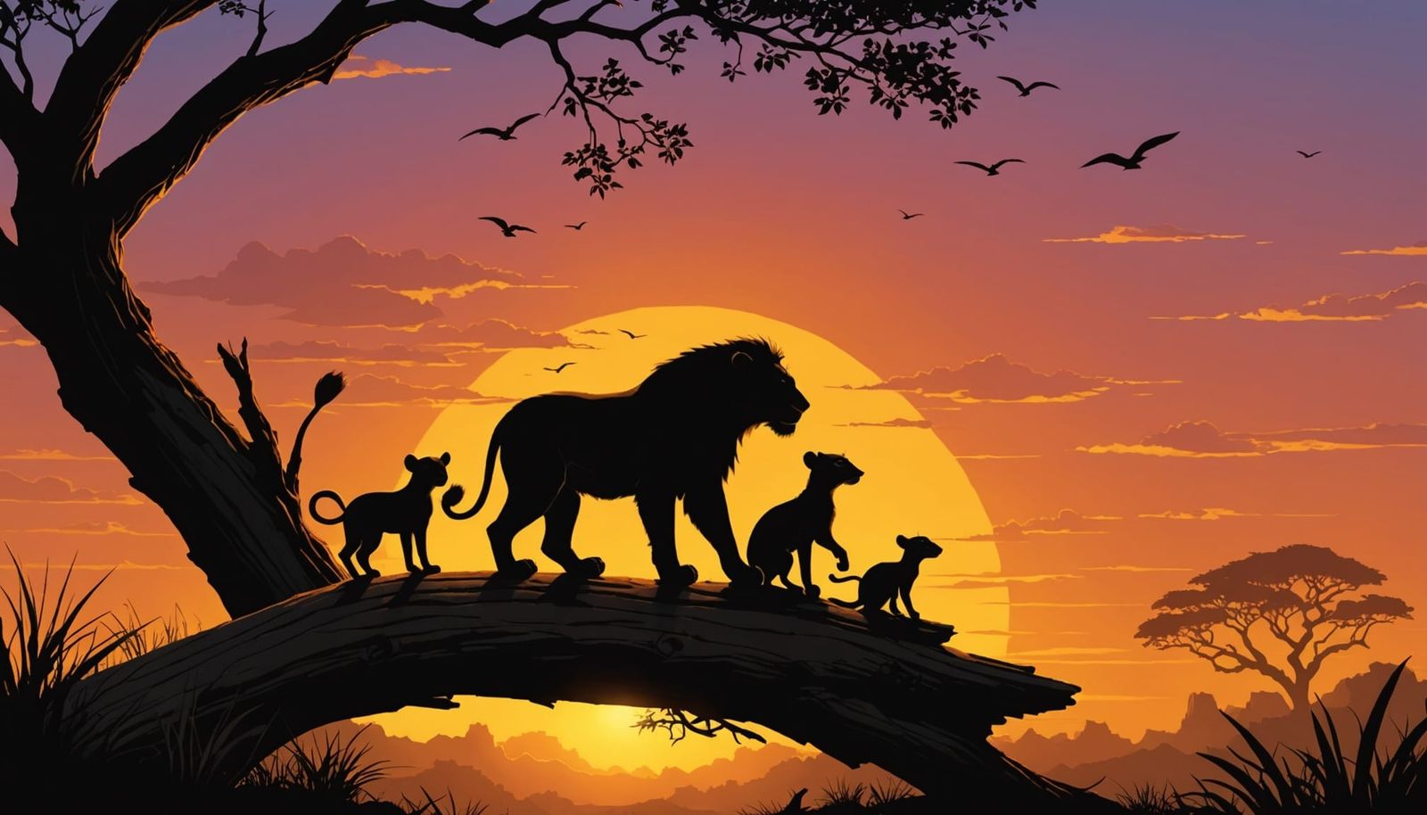 Lion, Meerkat, and Warthog Silhouettes at Sunset