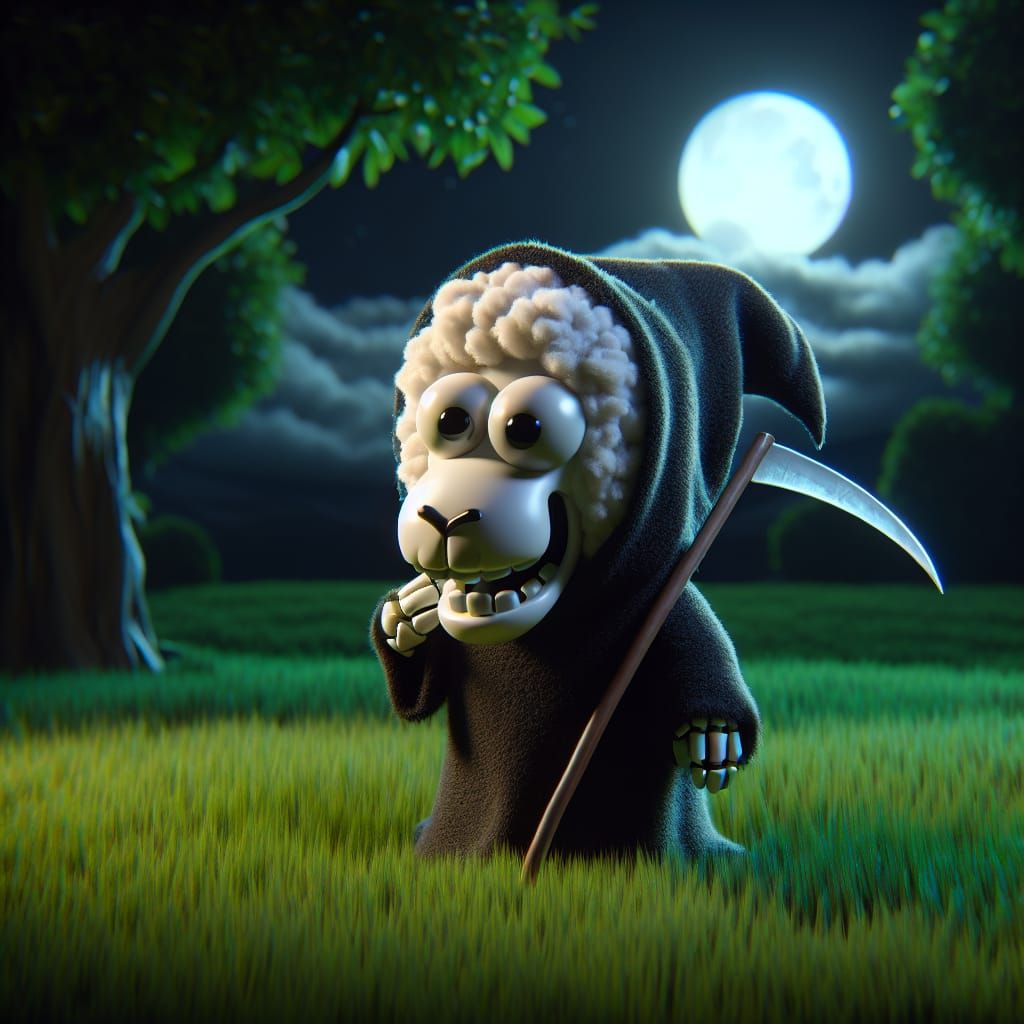 Cartoon Sheep as Grim Reaper, Oil Painting Style