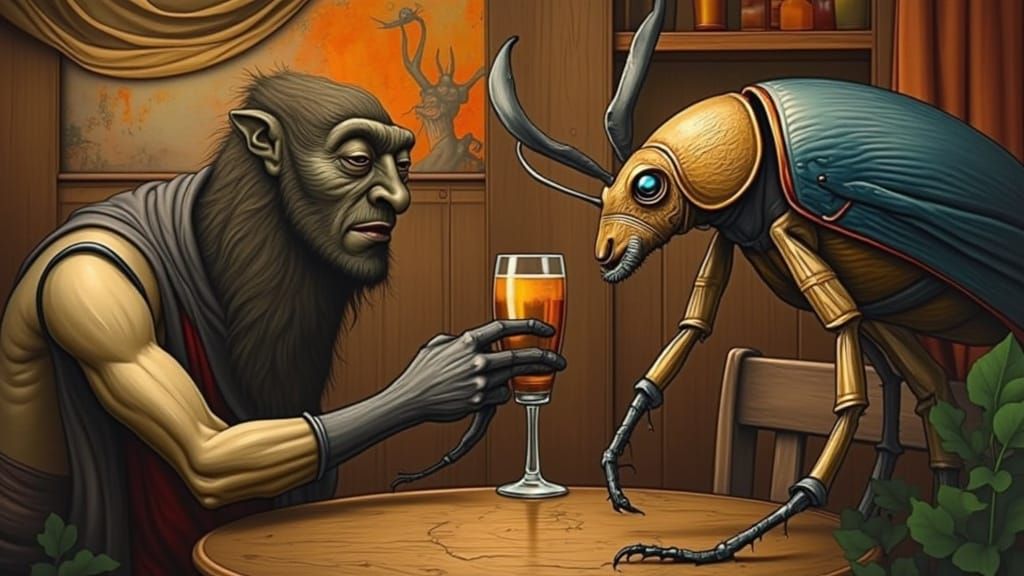 Caricature of Hercules and Goliath Beetles Armwrestling