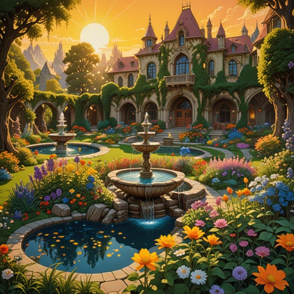 Sunrise Garden Fountain with Gothic Archways in Fantasy Styl...