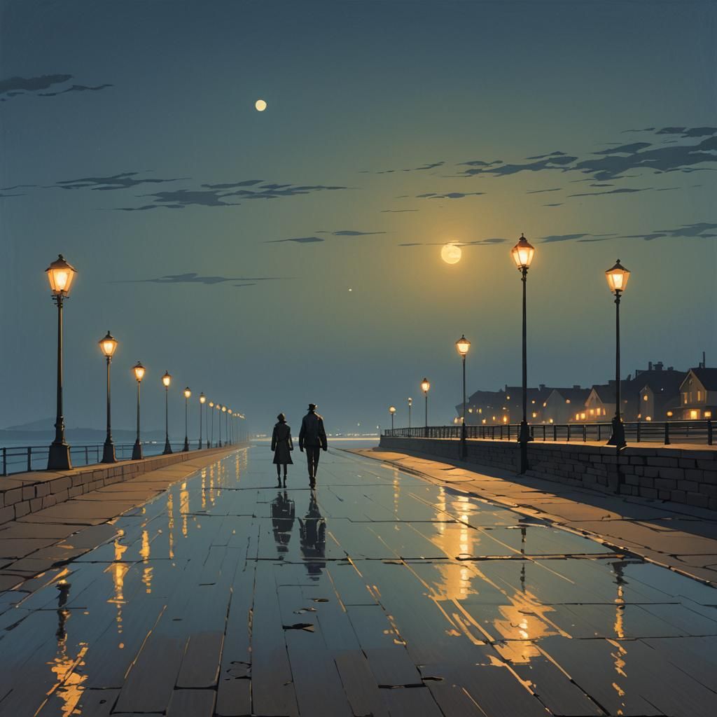 Night Stroll on Seaside Promenade in Digital Art