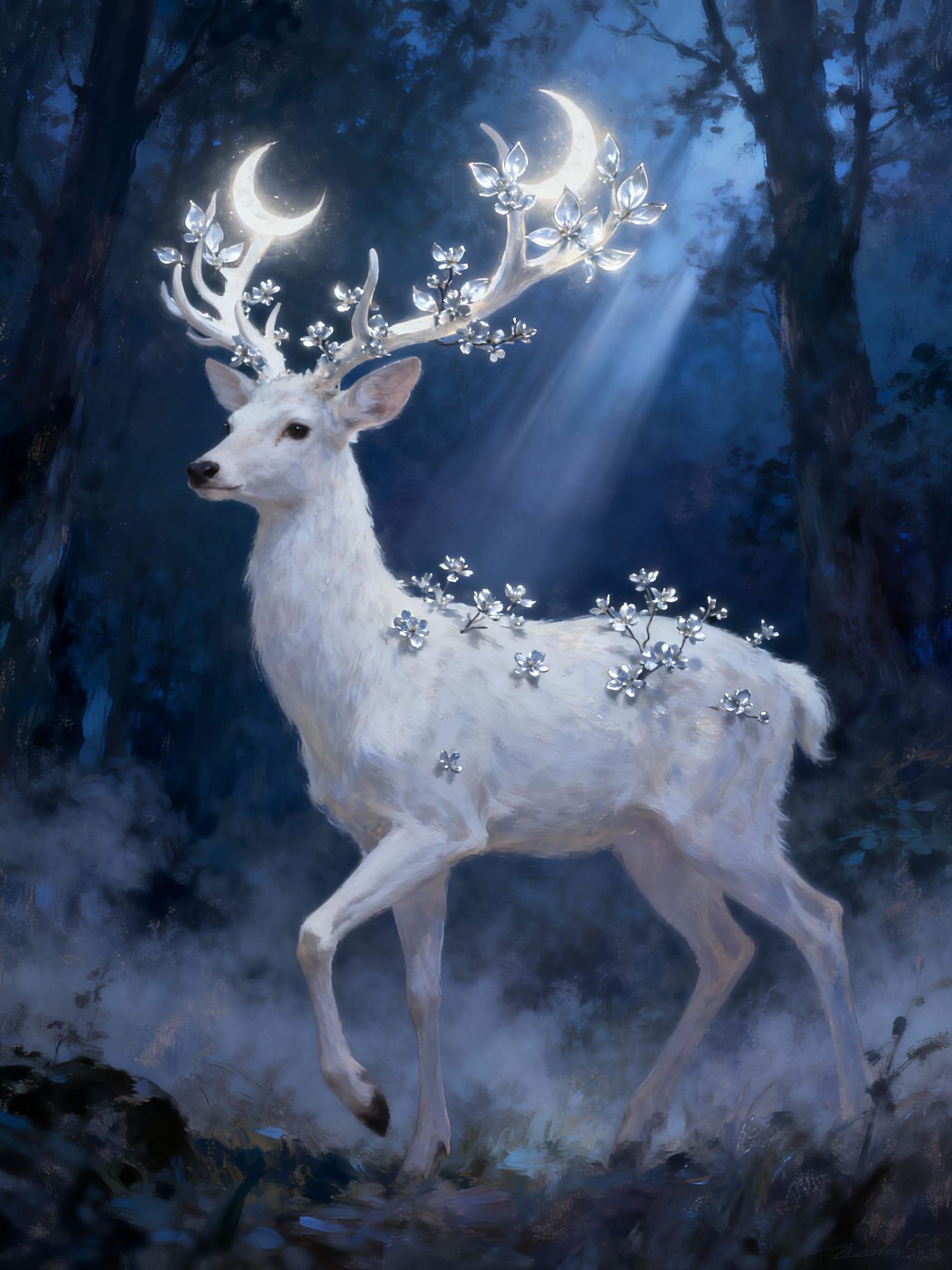 Ethereal Deer with Moon Petal Antlers in Misty Forest