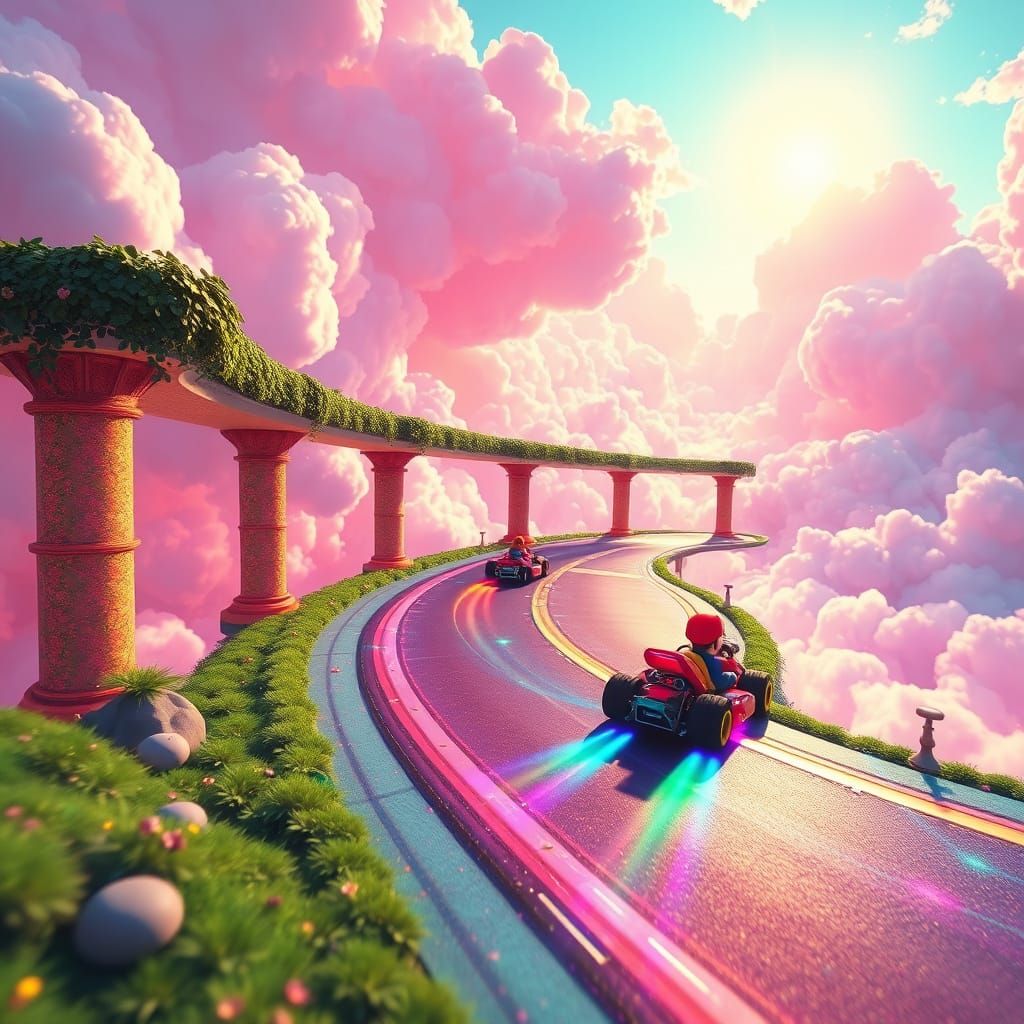 Ethereal Rainbow Road Speeds by in a Dreamlike Cloudscape