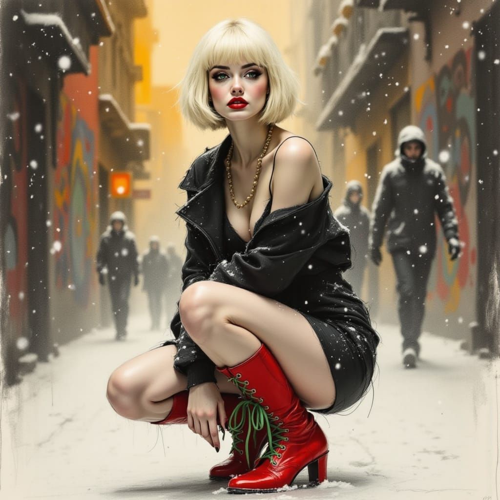 Confident Woman in Red Boots Struts Through Urban Blizzard