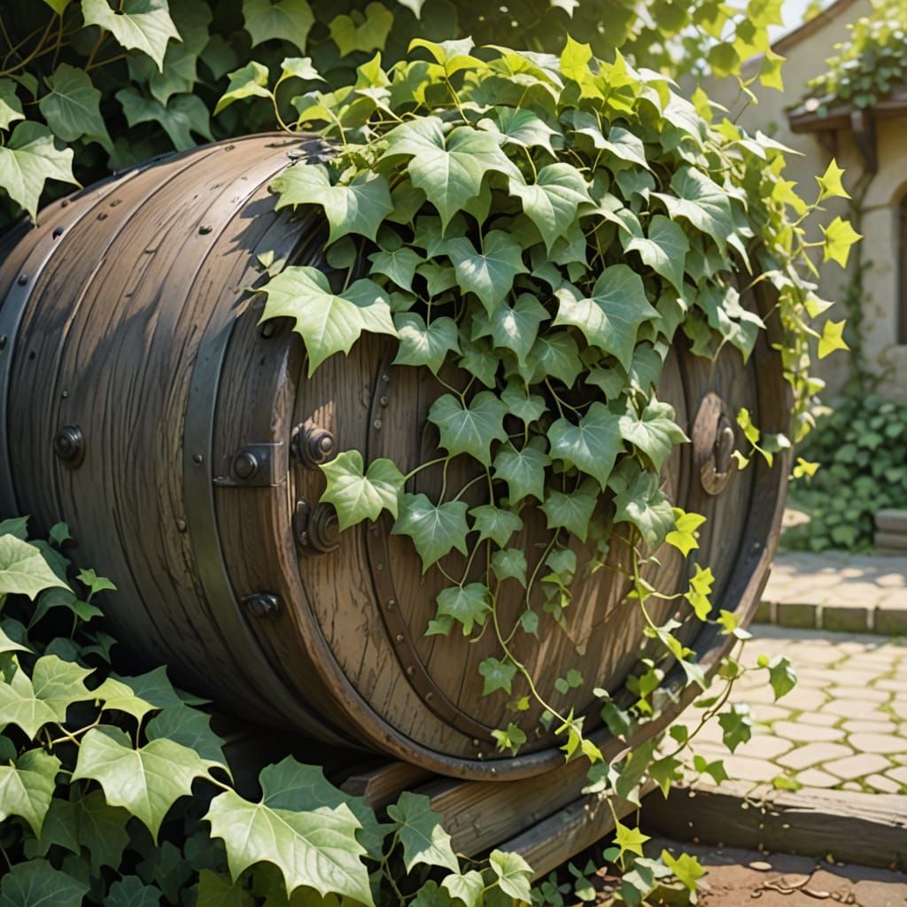 Ivy Vines on Cannon Barrel in Watercolor Style