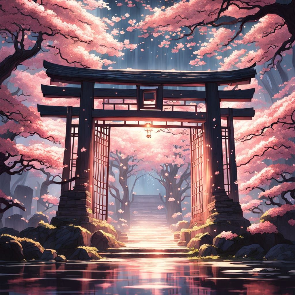 Ancient Japanese Temple Gate in Anime Style