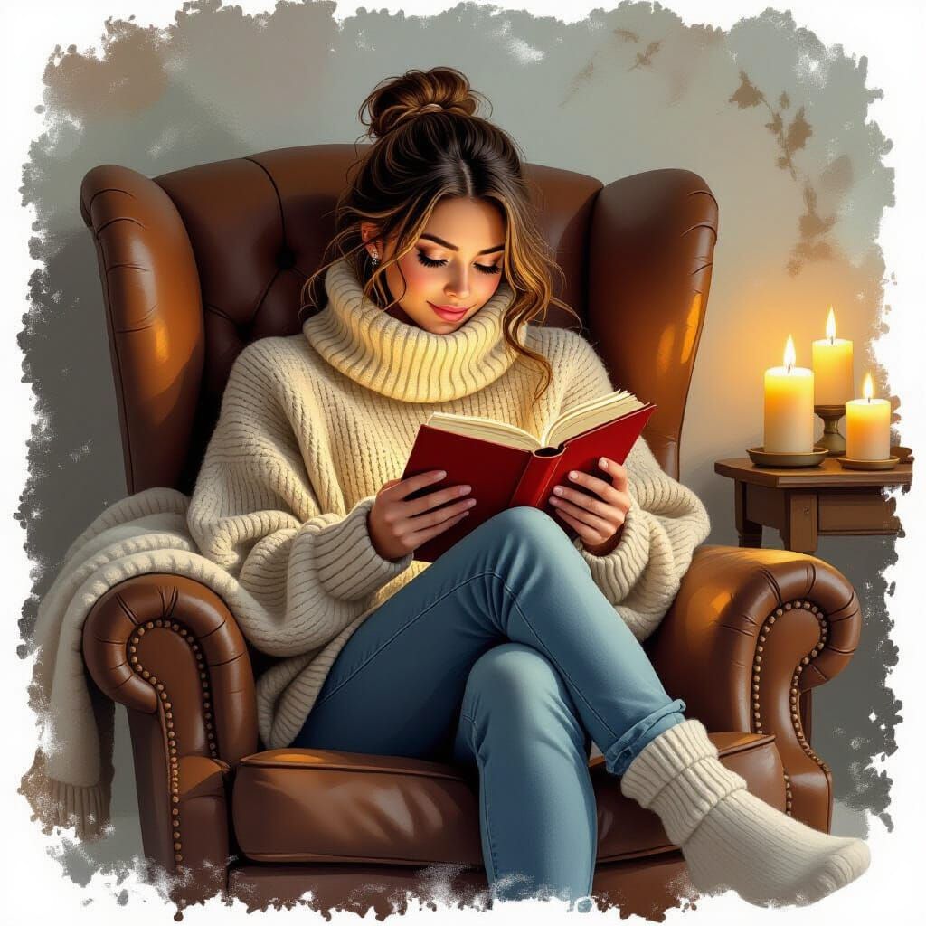 Woman Reading by Candlelight in Armchair