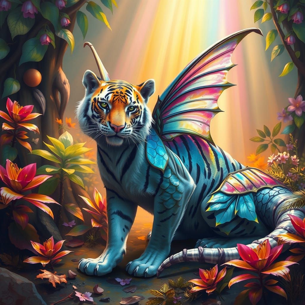 Majestic Fairy Dragon Tiger in Vibrant, Iridescent Paradise