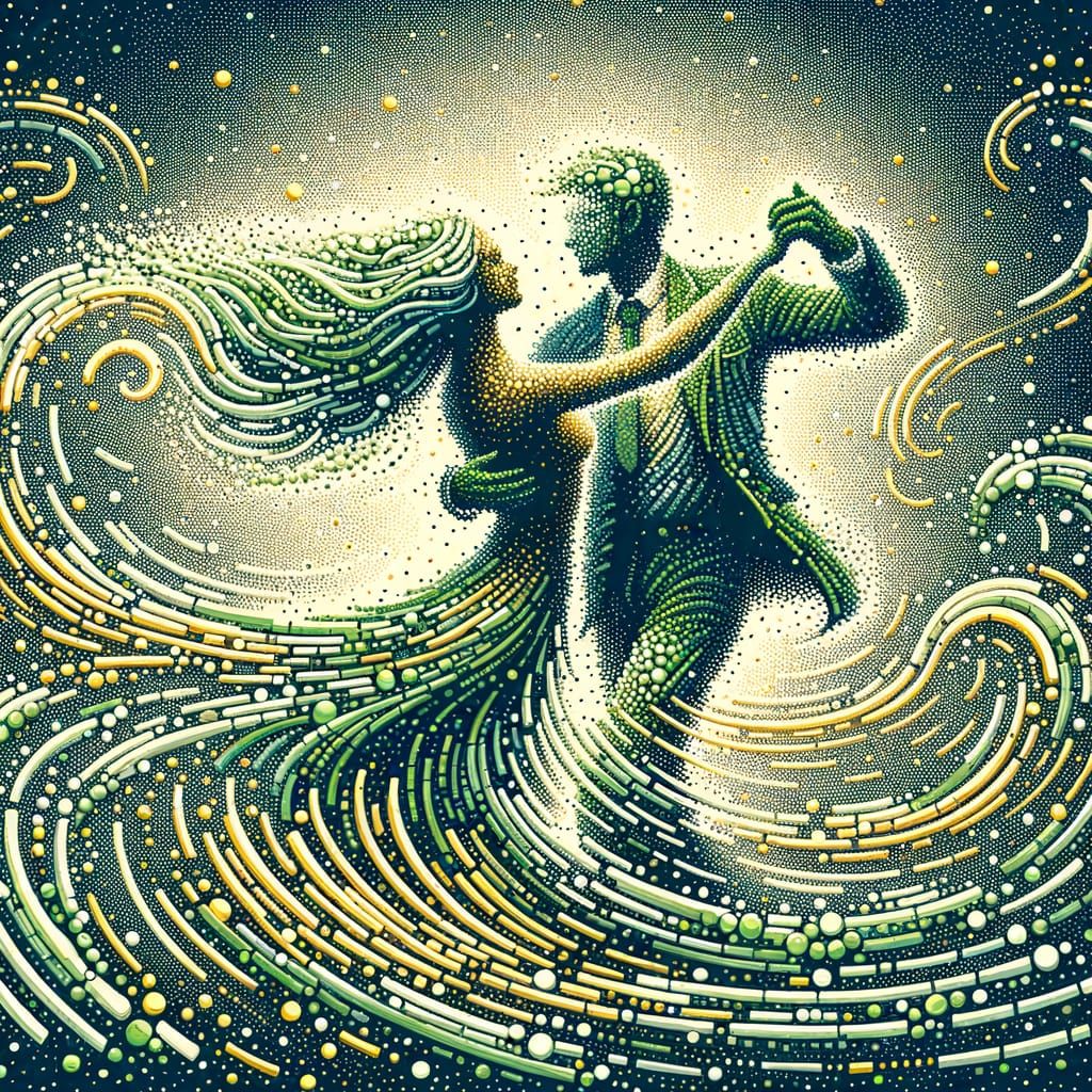 Dancing Figures in Retro Vector Kinetic Pointillism