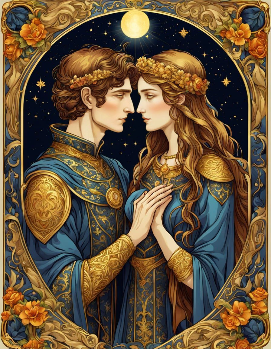 The Lovers Tarot Card in Ornate Art Nouveau Style