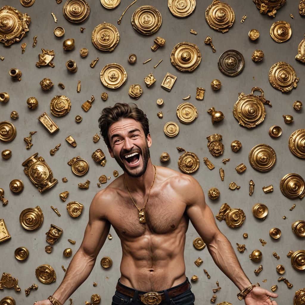 Man's Golden Bliss: Happiness Amidst Antique Treasures