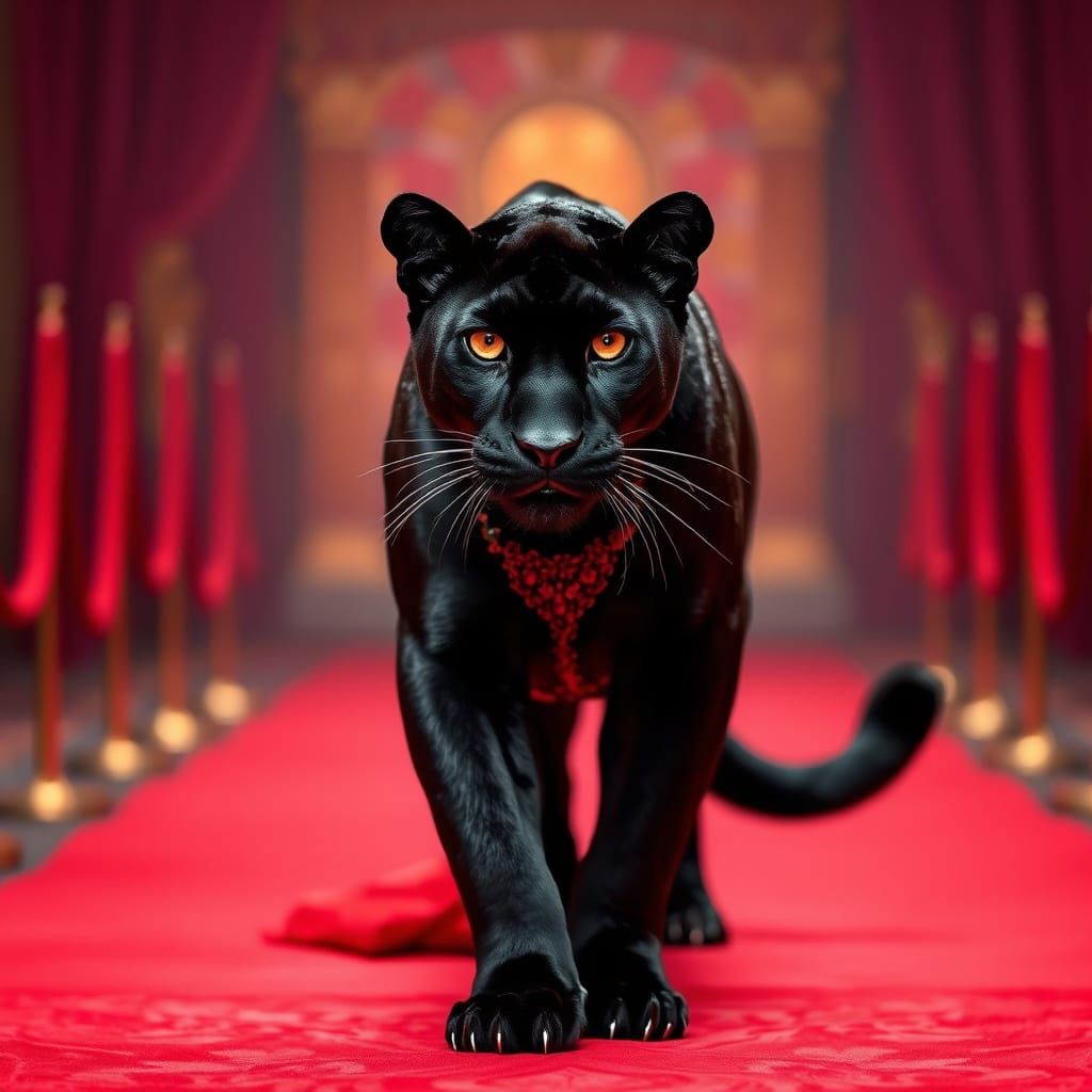 Regal Black Panther in Crimson Evening Gown