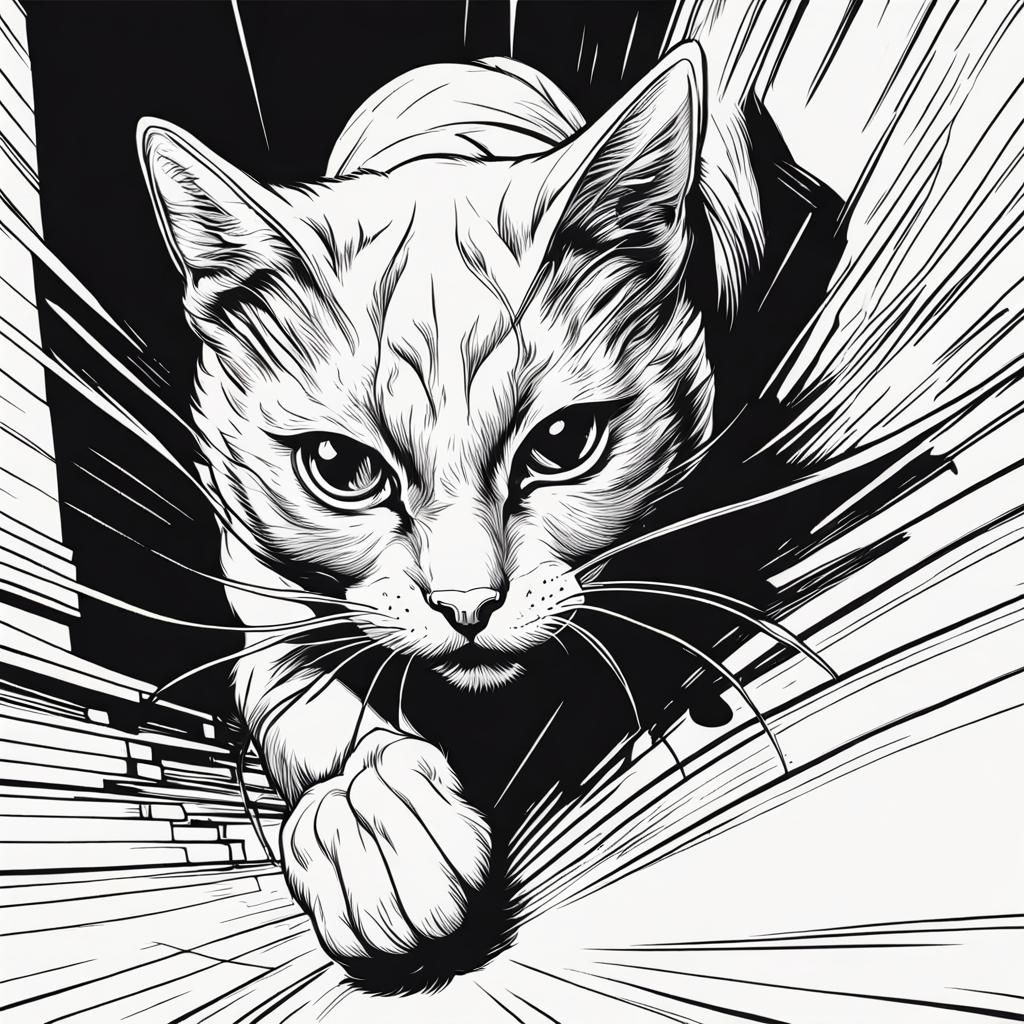 Monochrome line drawing of a pouncing cat