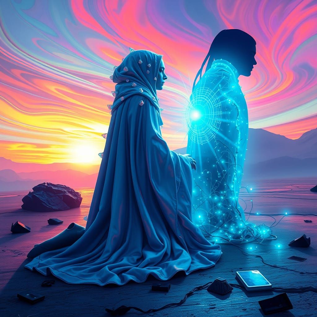 Ethereal Figure in a Futuristic Dreamscape with Iridescent P...