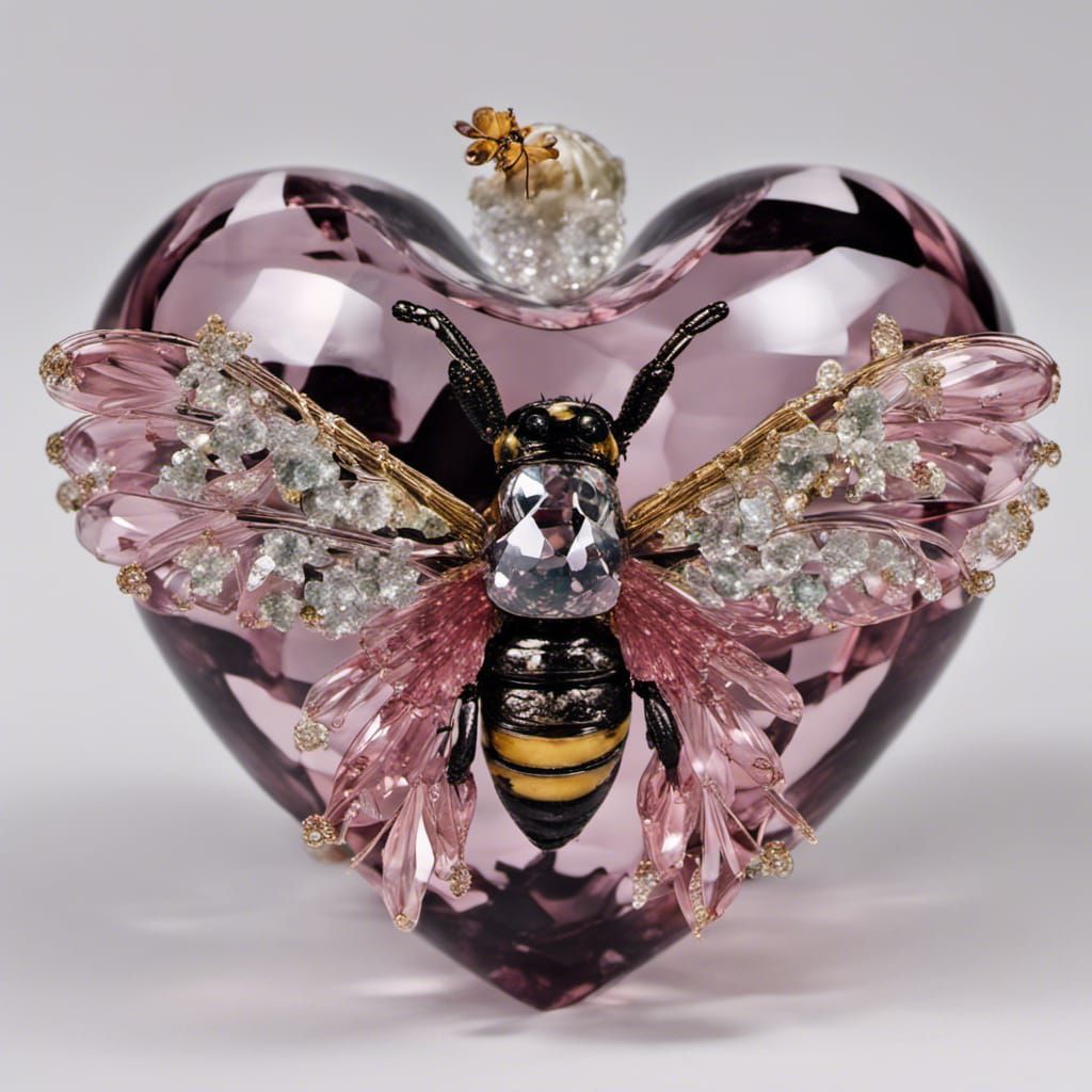 Crystal Heart Sphere with Bumblebee in Decoupage Style
