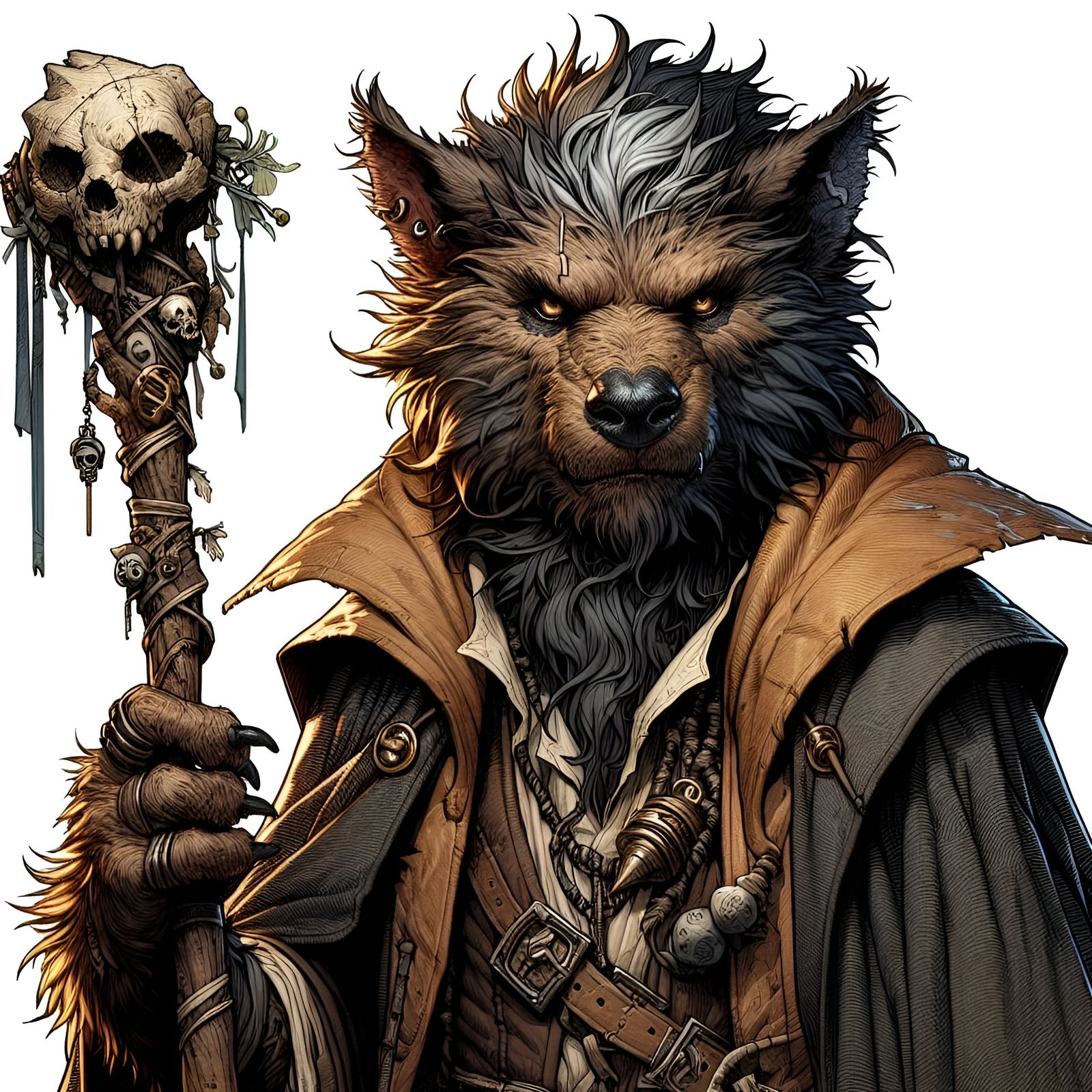 Gnoll Warlock with Skull Staff, Hand-Drawn Portrait