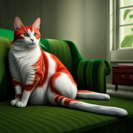 red and white striped cat laying on a green couch